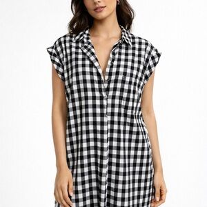 J.Crew Women’s Gingham Popover Shirt Dress Short Sleeve Black White Size S